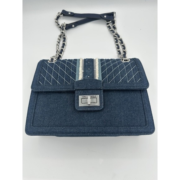 Karl Lagerfeld Handbags - Karl Lagerfeld Agyness Signature Blue Chambray Canvas Shoulder Bag